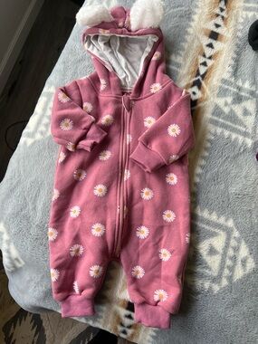 Kids Pink Daisy Hooded One-Piece Romper with Bunny Ears